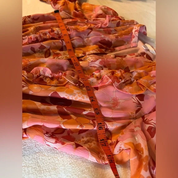 Lauren Conrad Pink and Orange Floral Metallic Ruffed Long Sleeve Belted Dress - Picture 7 of 7